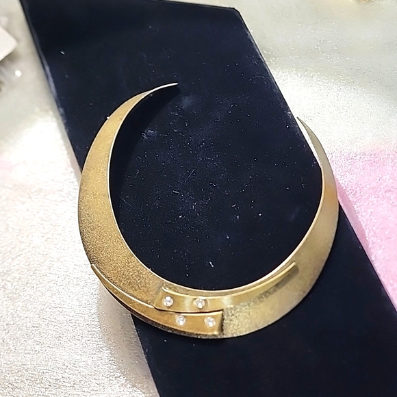 Hammered solid brass chocker cuff,collar vintage statement necklace w. crystals - Picture 1 of 5